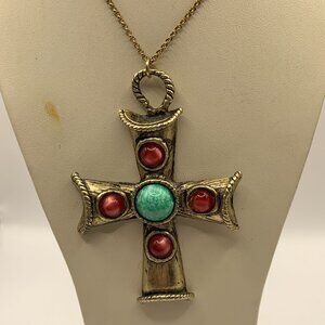 Statement Cross Necklace With Antique Brass Finish